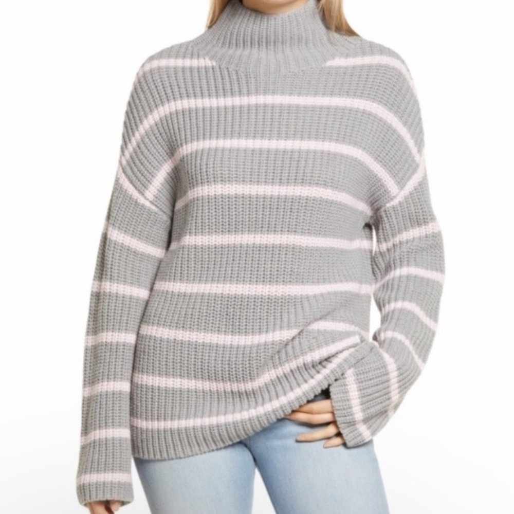 Caslon Plus Grey Pink Stripe Crochet Knit Mock Neck Sweater XXL